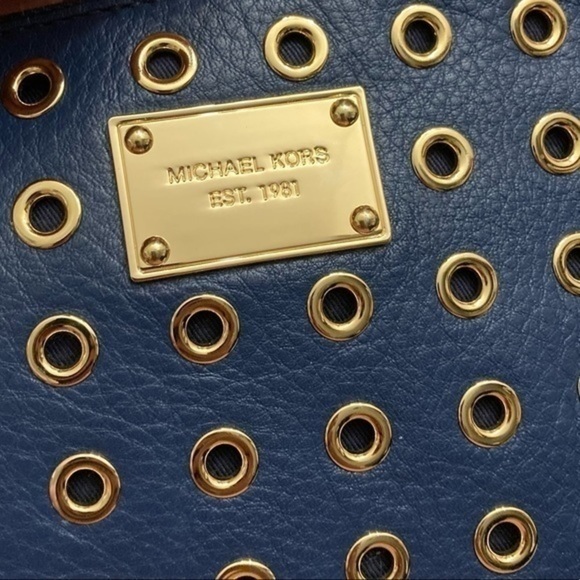 Michael kor large blue leather gold grommet wristlet bag
